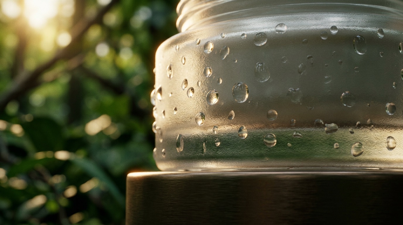 Condensation droplets on frosted glass, macro